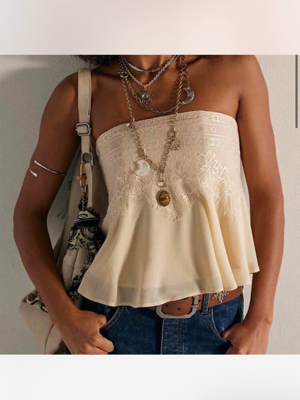 Shein Strapless Lace-Trim Cream Top